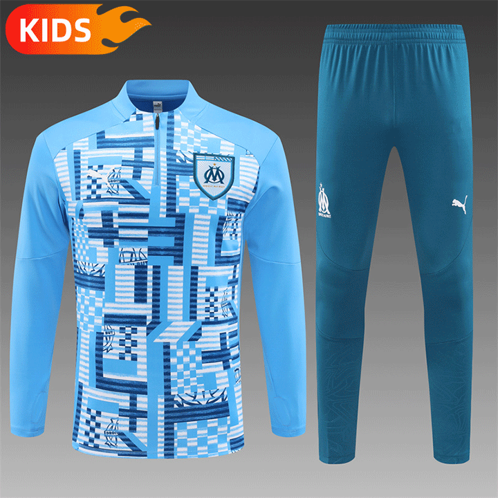 2024/2025 Olympique Marseille Half-Pull Training Wear Light Blue Football Shirt Kids Size