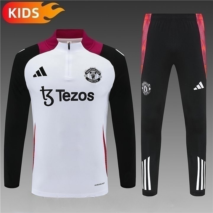 2024/2025 Manchester United Half-Pull Training Wear White Football Shirt Kids Size
