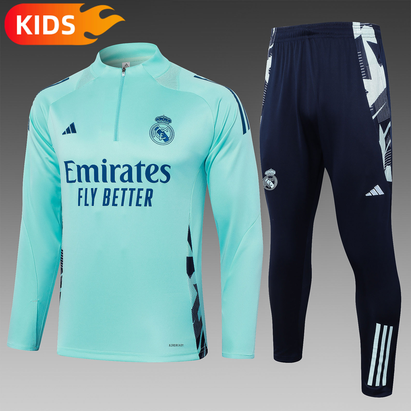 2024/2025 Real Madrid Half-Pull Training Wear Light Green Football Shirt Kids Size