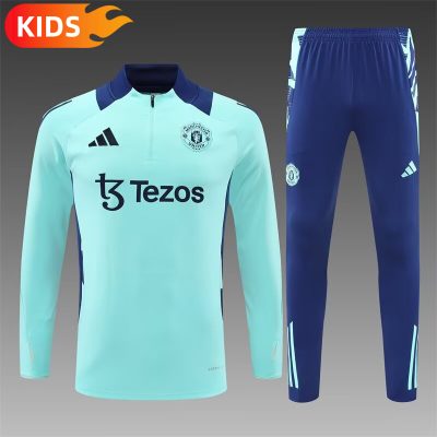 2024/2025 Manchester United Half-Pull Training Wear Lake blue Football Shirt Kids Size