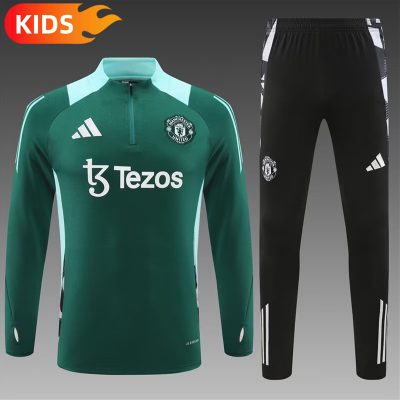 2024/2025 Manchester United Half-Pull Training Wear Green Football Shirt Kids Size