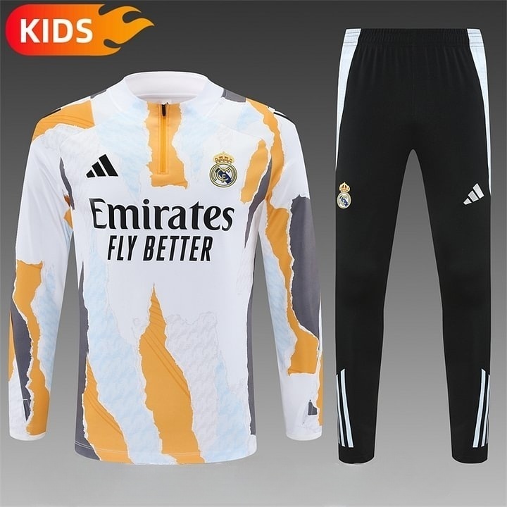 2024/2025 Real Madrid Half-Pull Training Wear Yellow And White Football Shirt Kids Size