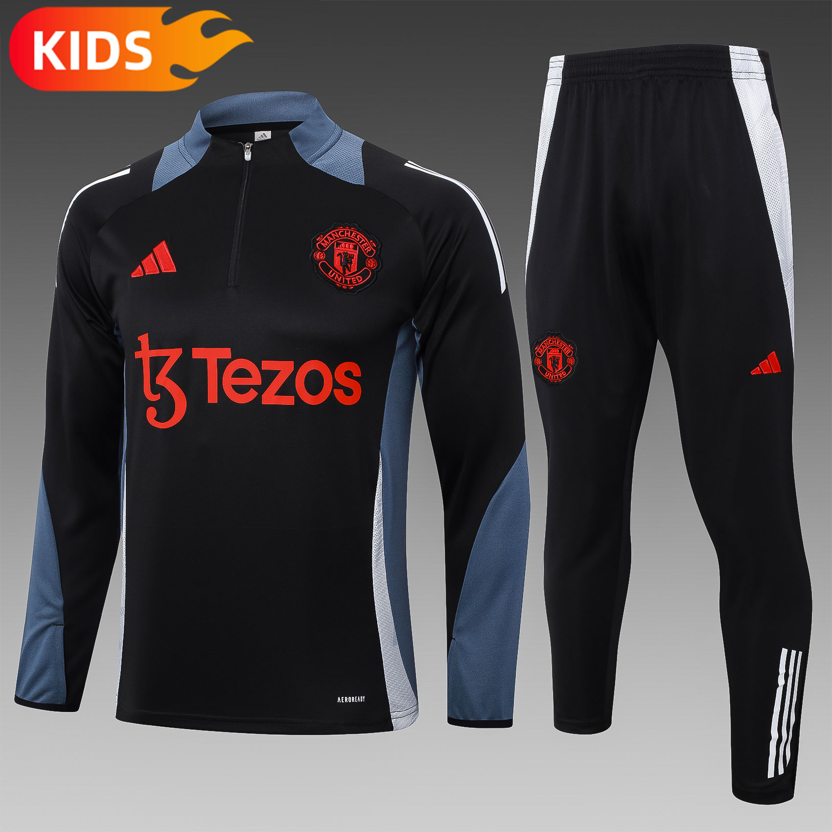 2024/2025 Manchester United Half-Pull Training Wear Black Football Shirt Kids Size