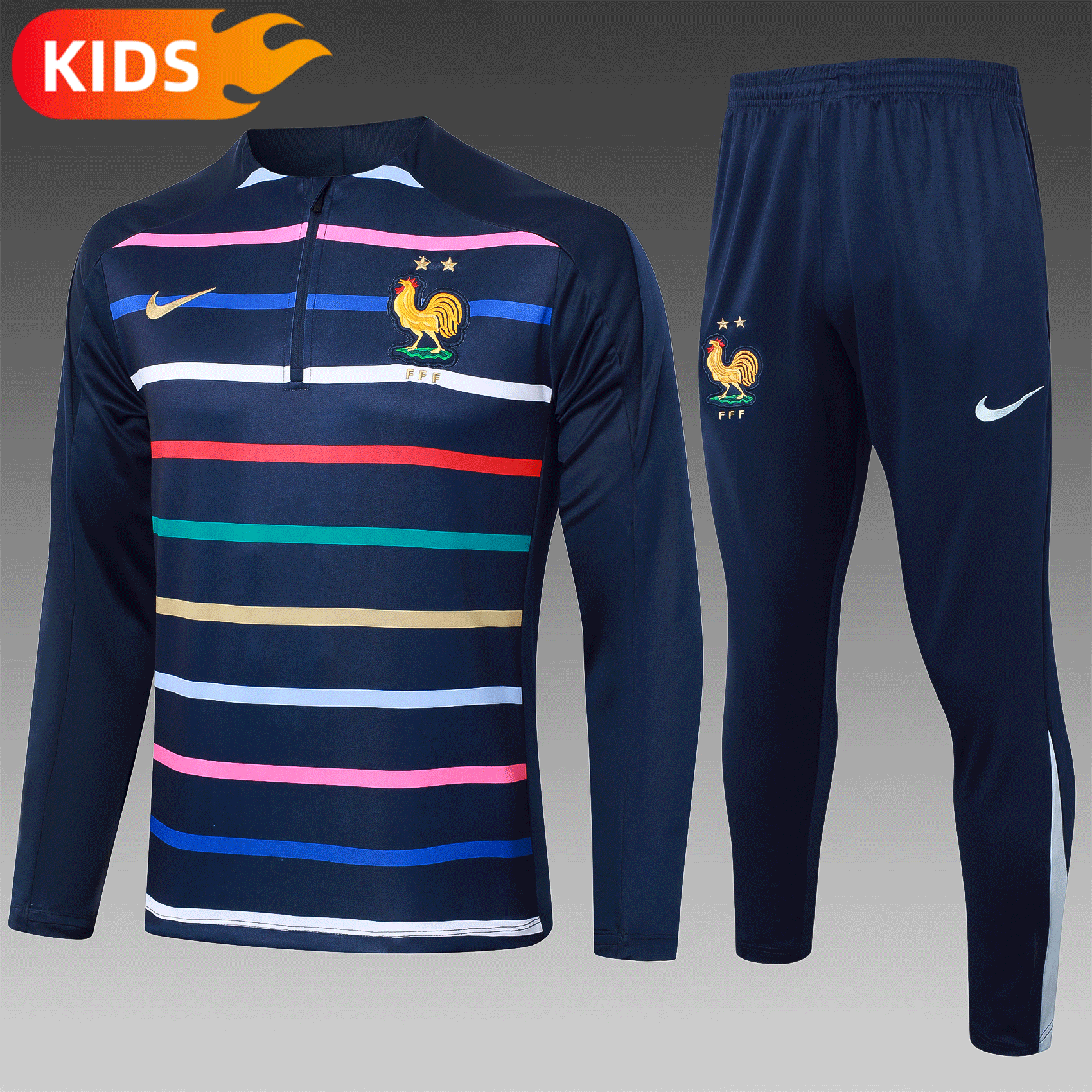 2024/2025 France Half-Pull Training Wear Royal Blue Stripes Football Shirt Kids Size