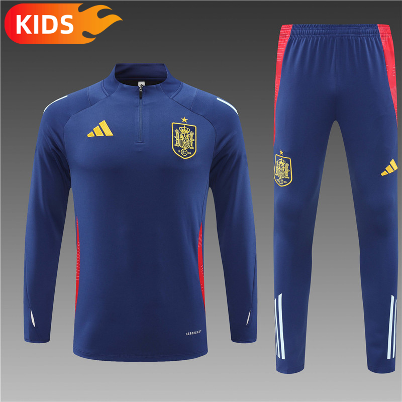 726dcd970a499b684fe617e6d0e511e8 2024/2025 Spain Half-Pull Training Wear Royal Blue Football Shirt Kids Size
