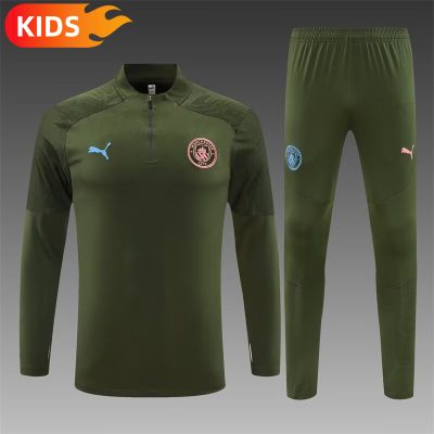 2024/2025 Manchester City Half-Pull Training Wear Army Green Football Shirt Kids Size